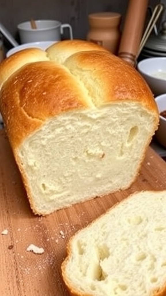 A golden-brown loaf of cloud bread with a fluffy interior, displayed in a rustic kitchen.